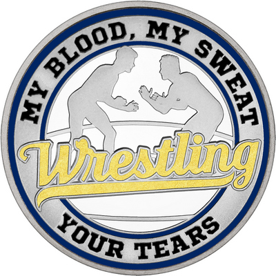 Gold "Wrestling" with Navy Blue Outer Circular Borders